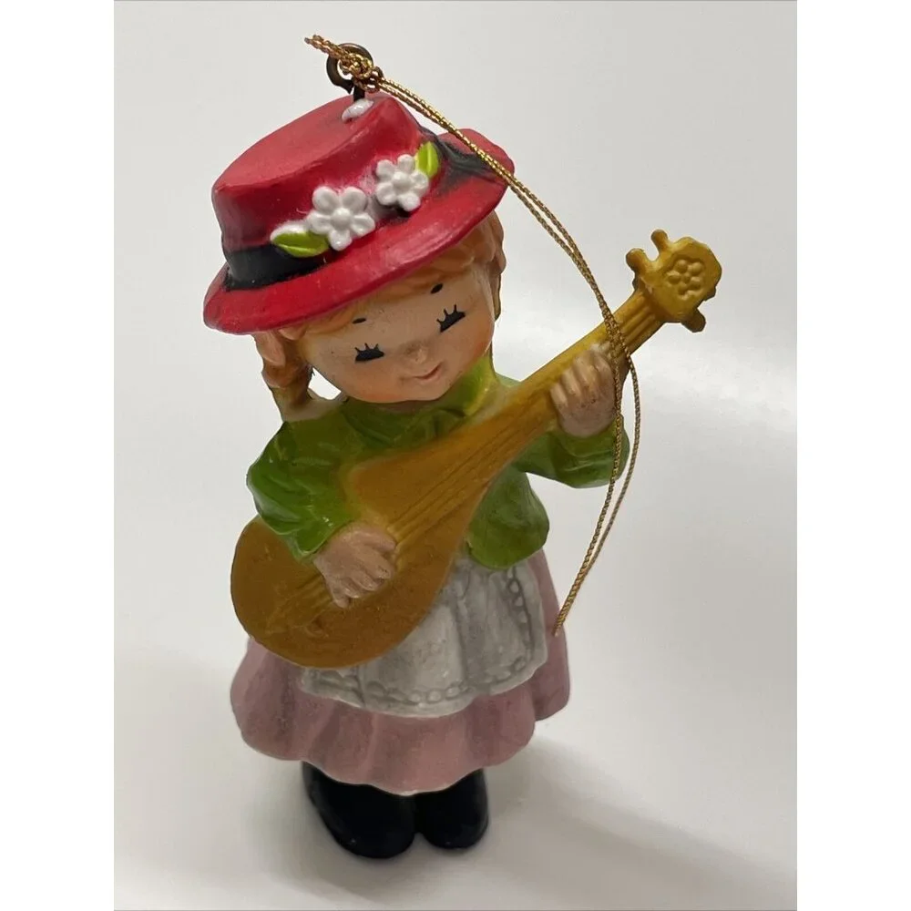 Bradford Boy and Girl Christmas Ornaments playing string instruments Vintage Box